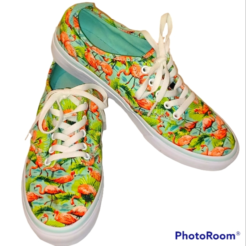 Flamingo Print Canvas Lace-Up Sneakers - Turquoise/Coral